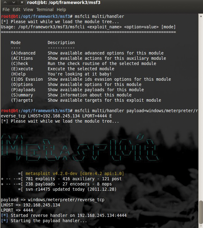 Msfcli multi/handler options (above) and executing the listener (below). Msfcli multi/handler options (above) and executing the listener (below).