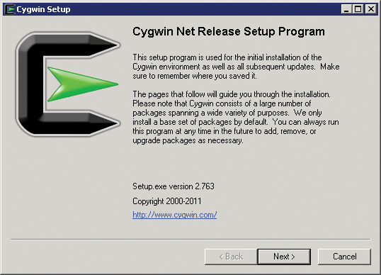 The Cygwin wizard start page. The Cygwin wizard start page.
