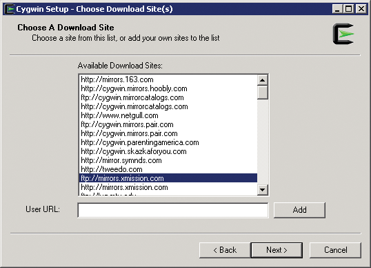 Choosing an available Cygwin download site. Choosing an available Cygwin download site.