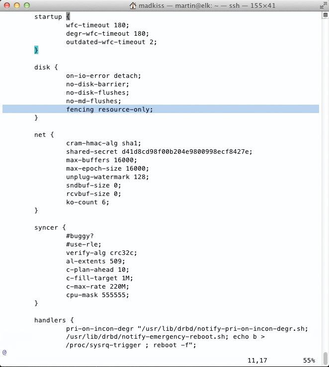 The fencing resource-only entry and fence handlers tell Pacemaker how to disable DRBD resources temporarily. The fencing resource-only entry and fence handlers tell Pacemaker how to disable DRBD resources temporarily.