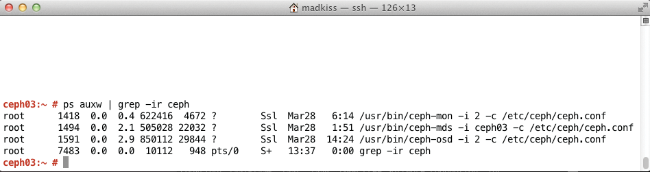 To discover which Ceph services are running on a host, type ps. In this example, the host is an OSD, MON, and MDS. To discover which Ceph services are running on a host, type ps. In this example, the host is an OSD, MON, and MDS.
