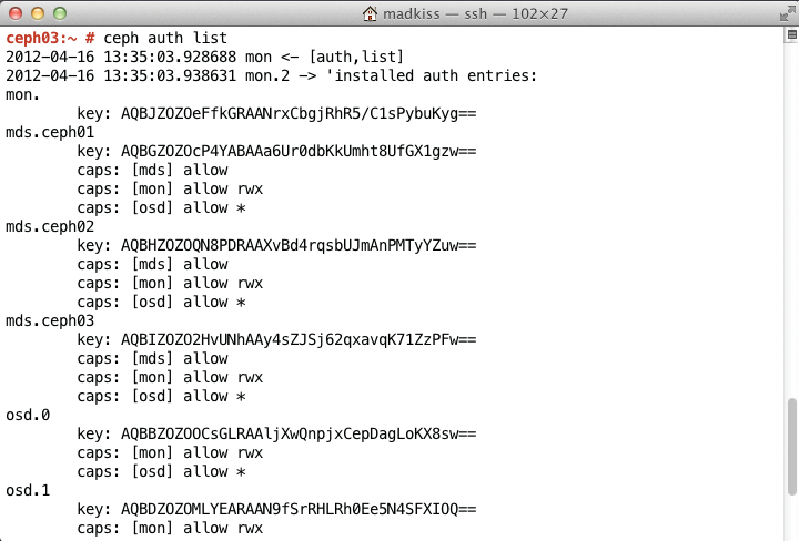 Typing "ceph auth list" tells Ceph to reveal the keys that a MON instance already knows and what the credentials allow the node to do. Typing "ceph auth list" tells Ceph to reveal the keys that a MON instance already knows and what the credentials allow the node to do.