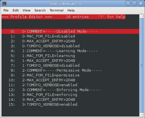 In Tomoyo 2.2 a profile comprises four entries. In Tomoyo 2.2 a profile comprises four entries.