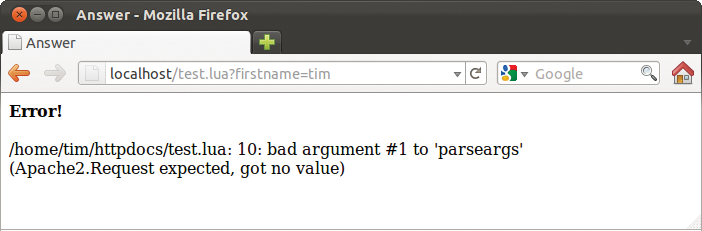 mod_lua only reports run-time errors in the output. mod_lua only reports run-time errors in the output.