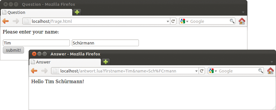 The Answer script in the foreground accepts the query and creates a message from the names. The Answer script in the foreground accepts the query and creates a message from the names.