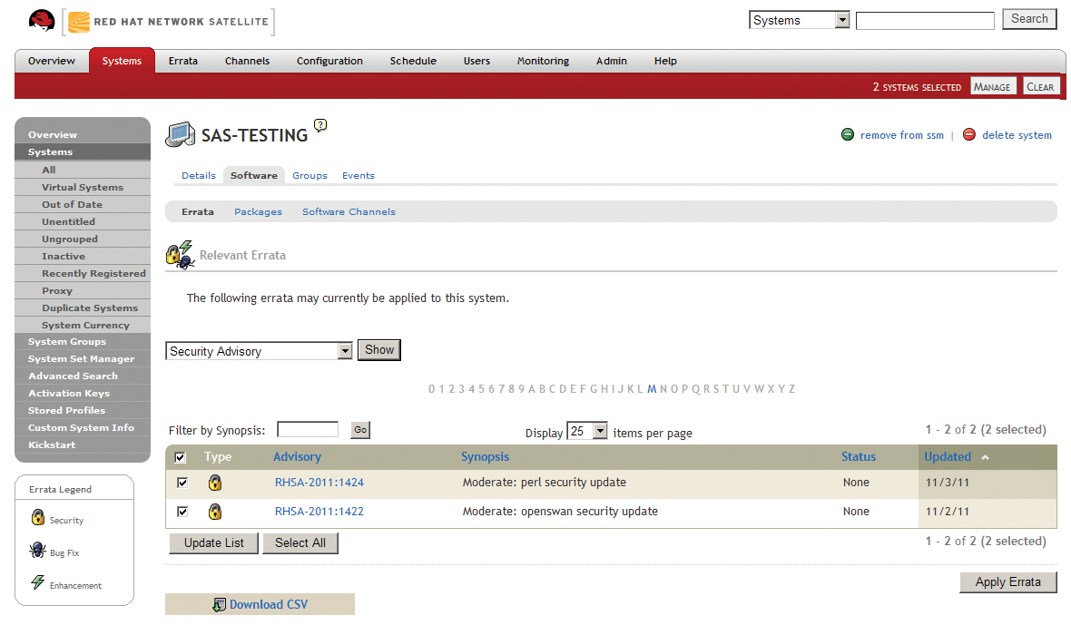 Viewing errata from the Systems Software Errata page. Viewing errata from the Systems Software Errata page.