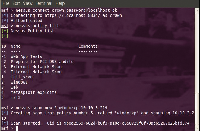 Connecting to the server (top), viewing the policy list (middle), and starting a scan with nessus_scan_new (bottom). Connecting to the server (top), viewing the policy list (middle), and starting a scan with nessus_scan_new (bottom).