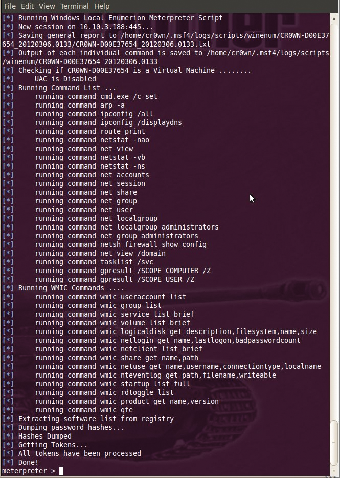 Dumping hashes and tokens with the winenum command in the meterpreter shell. Dumping hashes and tokens with the winenum command in the meterpreter shell.