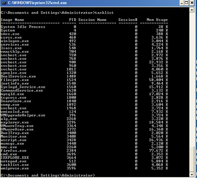 The tasklist command does not reveal any evidence of the intrusion. The tasklist command does not reveal any evidence of the intrusion.