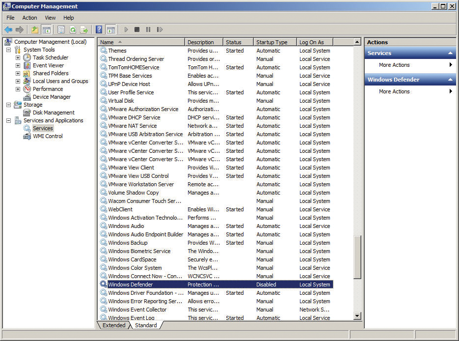 Windows 7 Services highlighting the disabled Windows Defender service. Windows 7 Services highlighting the disabled Windows Defender service.