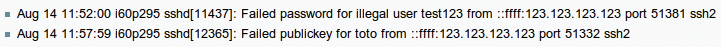 An example from the fail2ban site of how a standard SSH logfile might look and what to look for when it reports failed login attempts. An example from the fail2ban site of how a standard SSH logfile might look and what to look for when it reports failed login attempts.