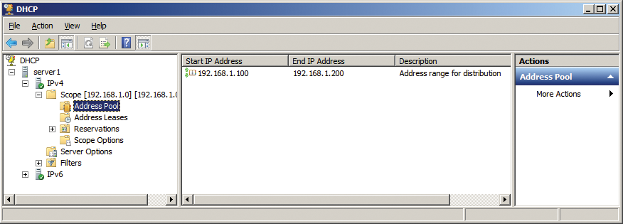 The DHCP management console shows the results of configuring the DHCP server with NetShell. The DHCP management console shows the results of configuring the DHCP server with NetShell.