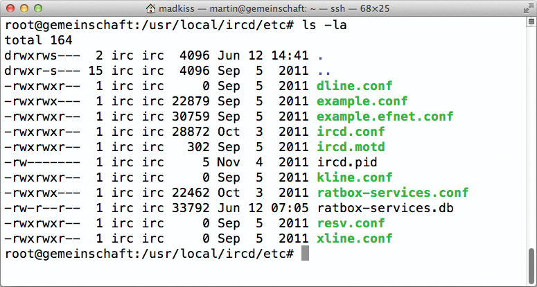 In the standard installation, Ratbox IRCd dumps its files into /usr/local/ircd; you can change this default using the appropriate parameters for the configure command. In the standard installation, Ratbox IRCd dumps its files into /usr/local/ircd; you can change this default using the appropriate parameters for the configure command.