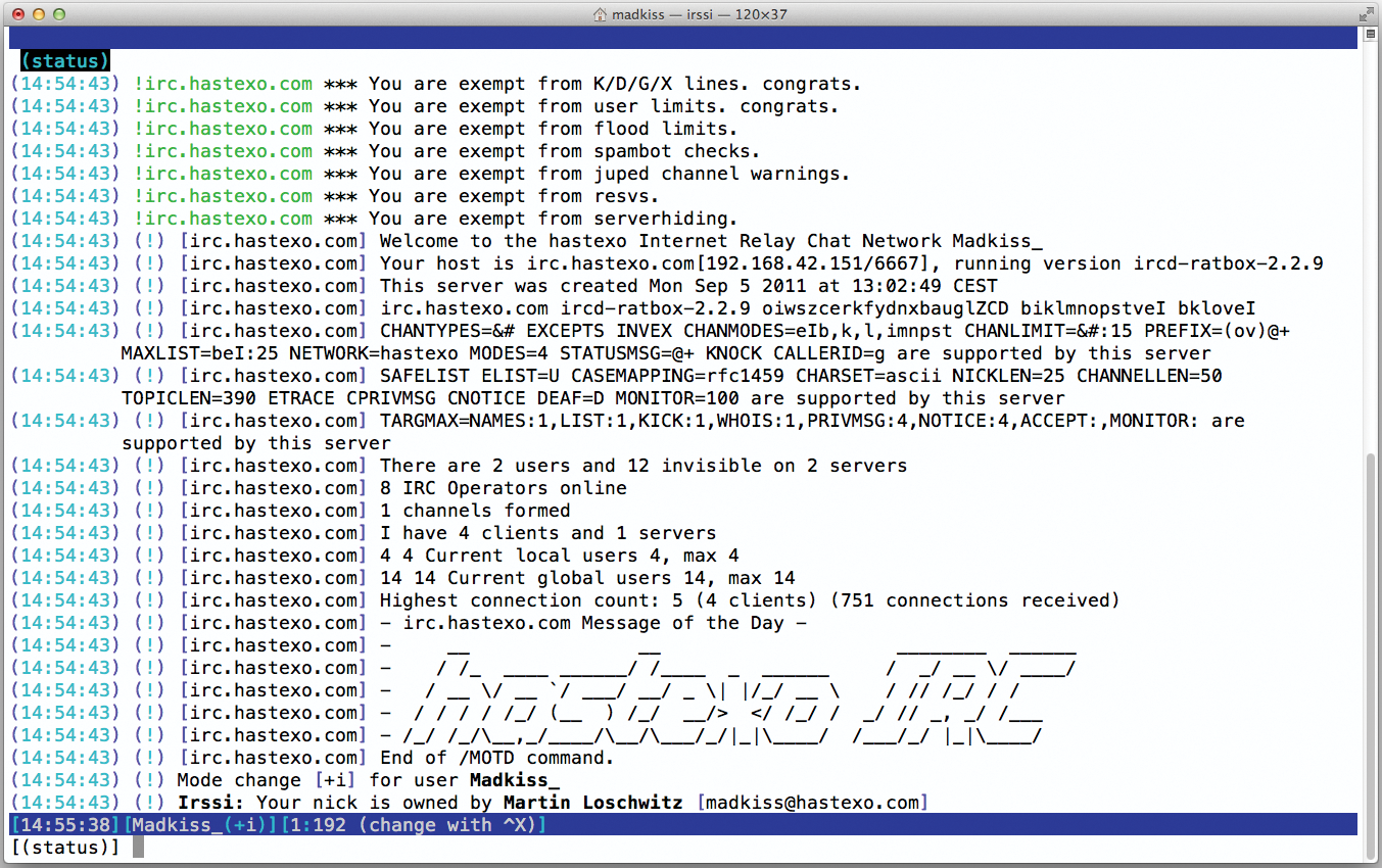 Admins can use the MOTD (ircd.motd) to define texts that users see when they connect – for example ASCII art with Figlet. Admins can use the MOTD (ircd.motd) to define texts that users see when they connect – for example ASCII art with Figlet.