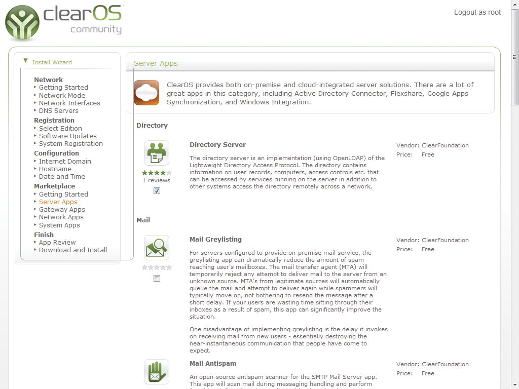 ClearOS follows the trend and packs its features in apps, which you can install from the marketplace. ClearOS follows the trend and packs its features in apps, which you can install from the marketplace.