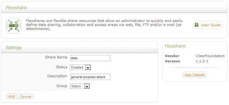 The Flexshare makes a shared directory accessible via SMB or FTP or as a Dropbox via the web server. The Flexshare makes a shared directory accessible via SMB or FTP or as a Dropbox via the web server.