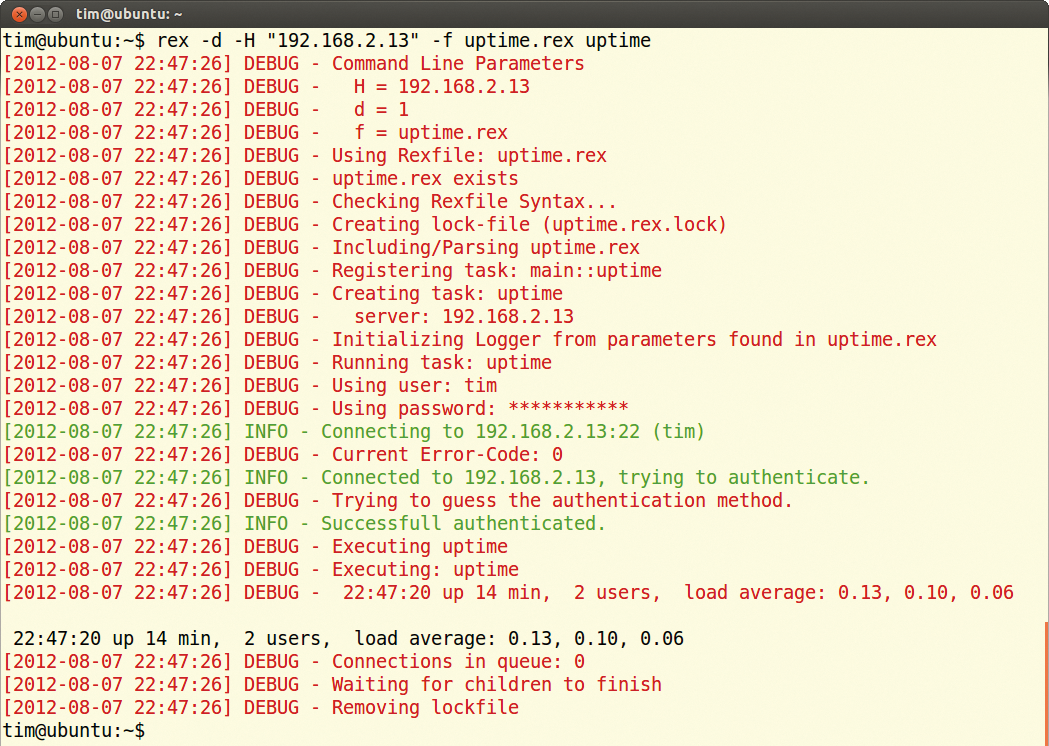 rex logs all of its actions on request, as shown here in the syslog. However, this does not include the output from the executed programs. Depending on the scope of the task, rex can swamp the syslog. rex logs all of its actions on request, as shown here in the syslog. However, this does not include the output from the executed programs. Depending on the scope of the task, rex can swamp the syslog.