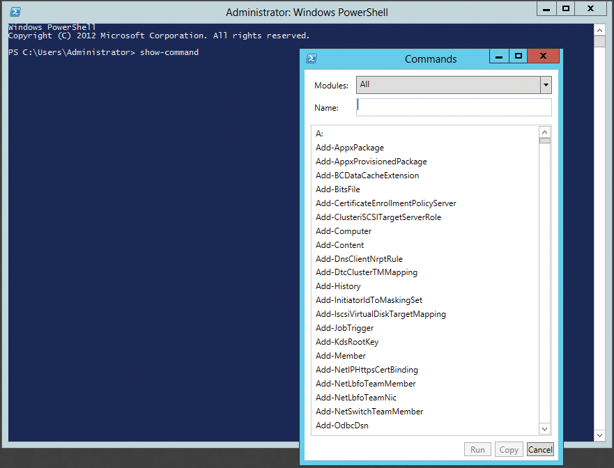 PowerShell 3.0 in Windows Server 2012 offers a new function that lists all available commands. PowerShell 3.0 in Windows Server 2012 offers a new function that lists all available commands.