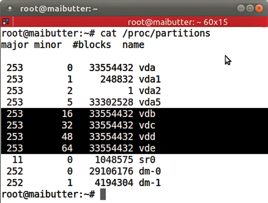 A glance at the proc filesystem shows that four unpartitioned devices (/dev/vdb through /dev/vde) are available exclusively for Btrfs. A glance at the proc filesystem shows that four unpartitioned devices (/dev/vdb through /dev/vde) are available exclusively for Btrfs.