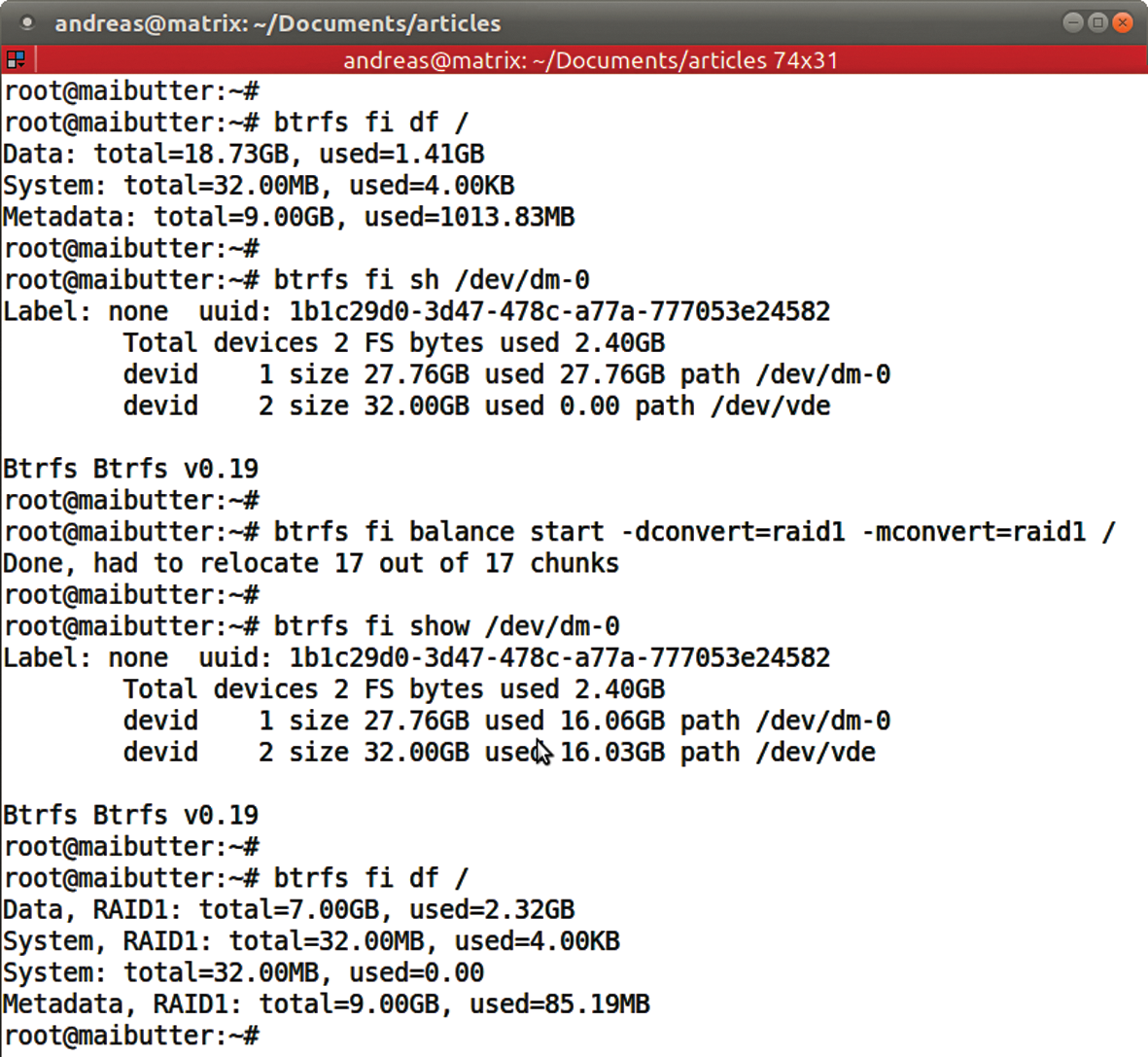 Balancing, including conversion to RAID 1, is handled by a single command. Afterward, you can see the more uniform distribution and an improvement in the footprint. Balancing, including conversion to RAID 1, is handled by a single command. Afterward, you can see the more uniform distribution and an improvement in the footprint.