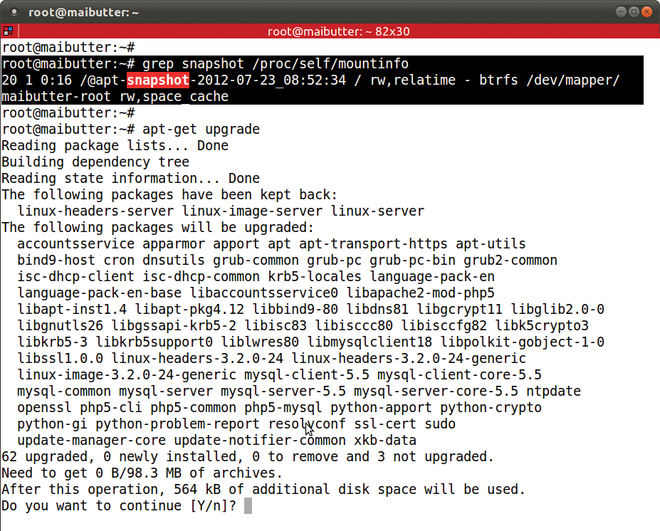 Typing /proc/self/mountinfo confirms that the snapshot is now mounted. An update of all packages again shows 62 possible updates. Typing /proc/self/mountinfo confirms that the snapshot is now mounted. An update of all packages again shows 62 possible updates.