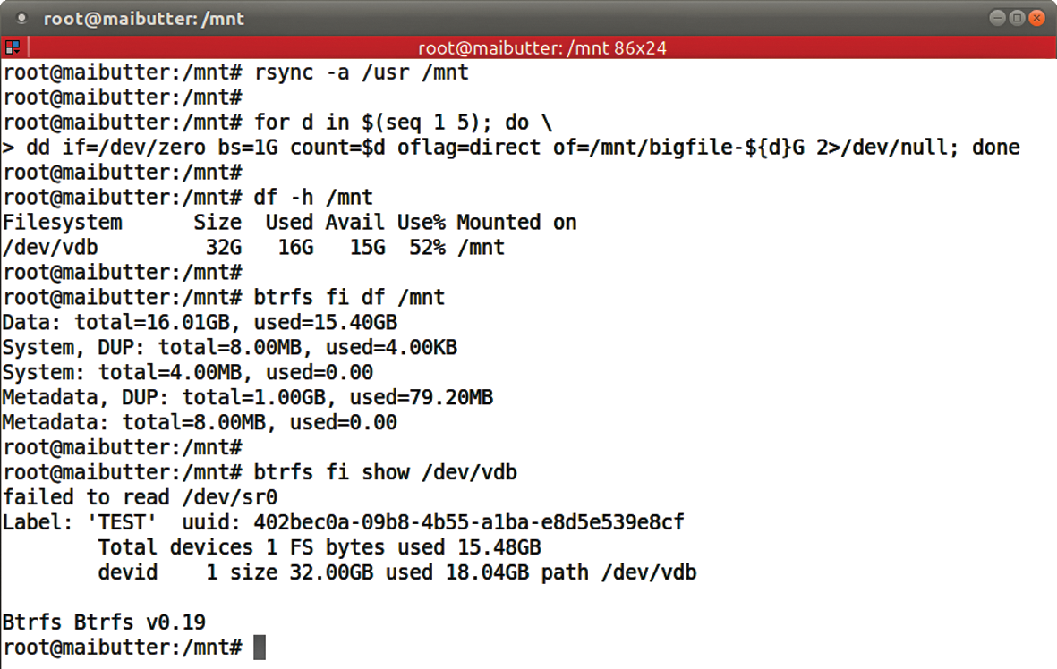 The df command only provides information about how much space the user data uses. Behind the scenes, Btrfs consumes much more disk space. The df command only provides information about how much space the user data uses. Behind the scenes, Btrfs consumes much more disk space.