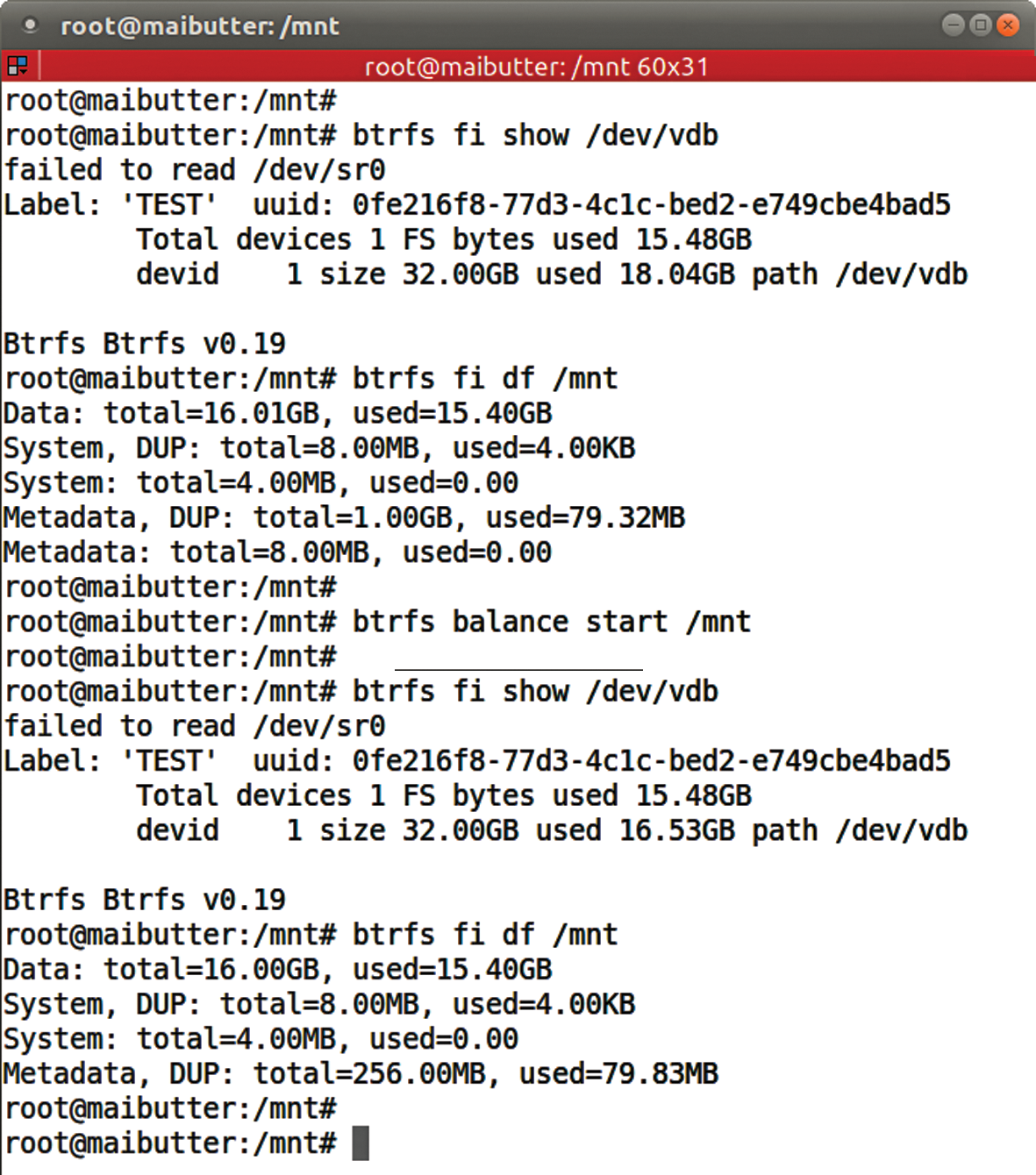 Balancing can free up unneeded but assigned chunks. Running btrfs fi df and btrfs fi show – before and after balancing – show that the metadata chunk size has been reduced to 256MB; thus, 1.5GB (2x750MB) of space has been made available. Balancing can free up unneeded but assigned chunks. Running btrfs fi df and btrfs fi show – before and after balancing – show that the metadata chunk size has been reduced to 256MB; thus, 1.5GB (2x750MB) of space has been made available.