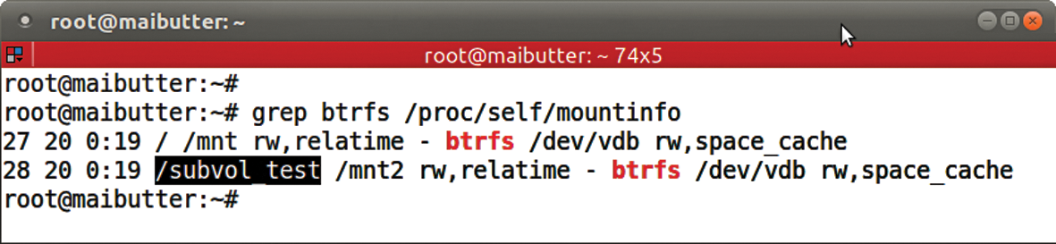 A grep of btrfs in /proc/self/mountinfo directly displays where the subvolumes are mounted. A grep of btrfs in /proc/self/mountinfo directly displays where the subvolumes are mounted.