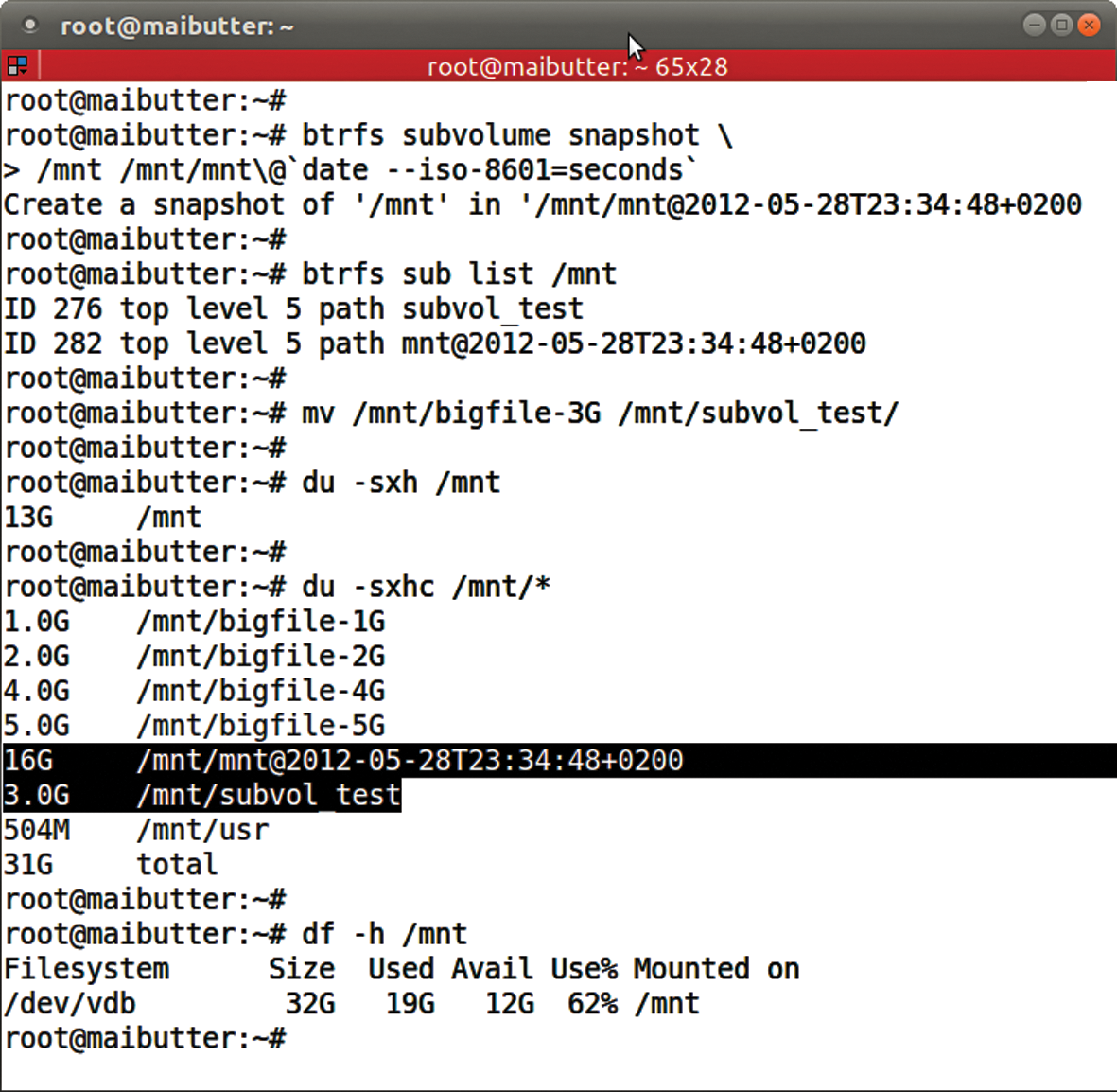A snapshot of the top-level volume is grabbed, and a 3GB file is moved to a subvolume. This changes the view of things for du and df in different ways. A snapshot of the top-level volume is grabbed, and a 3GB file is moved to a subvolume. This changes the view of things for du and df in different ways.