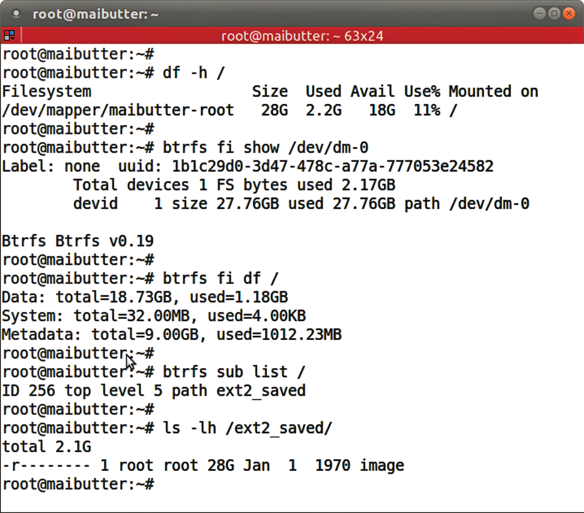 The Btrfs filesystem converted from ext4 needs almost as much space for metadata as for data. Also, the entire disk is already assigned. The ext4 filesystem is available as an image file. The Btrfs filesystem converted from ext4 needs almost as much space for metadata as for data. Also, the entire disk is already assigned. The ext4 filesystem is available as an image file.
