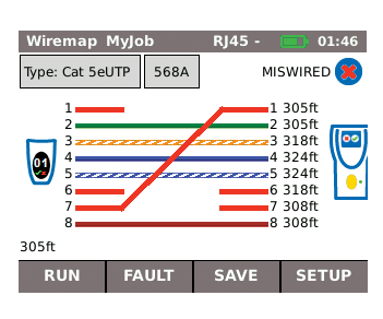 The cable is miswired. LanXPLORER has determined the length and checked the wiring. The cable is miswired. LanXPLORER has determined the length and checked the wiring.