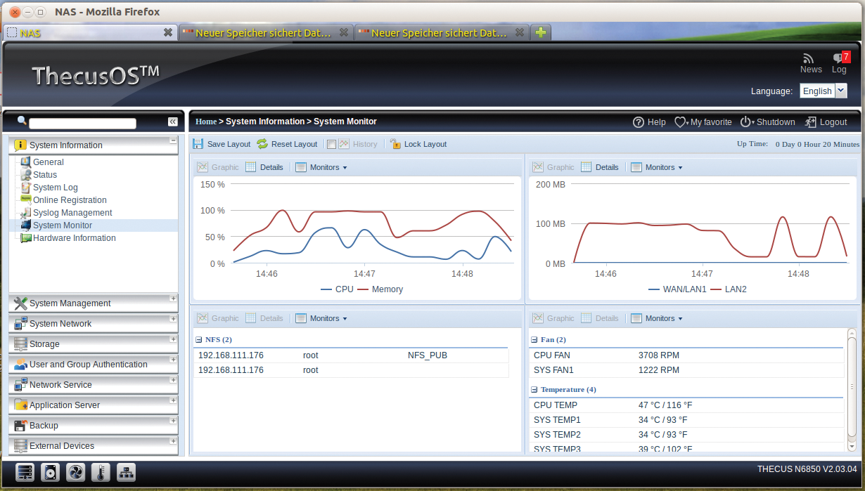 The resource monitor offered by the Thecus N6850 with graphical display of storage use and network load. The resource monitor offered by the Thecus N6850 with graphical display of storage use and network load.