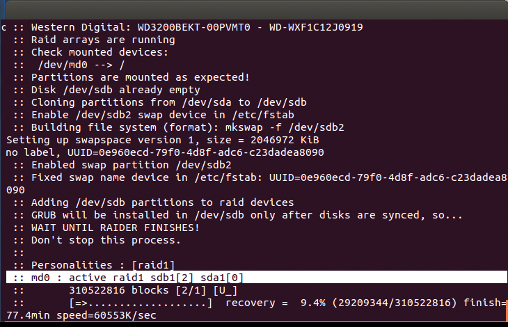 After adding the second hard disk to the RAID array, the rebuild occurs; your mileage may vary. After adding the second hard disk to the RAID array, the rebuild occurs; your mileage may vary.