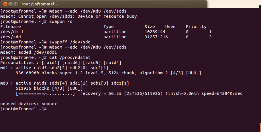 The last hard drive was erroneously used as swap space. Disabling this manually and adding the disk to the RAID system solved the problem. The last hard drive was erroneously used as swap space. Disabling this manually and adding the disk to the RAID system solved the problem.