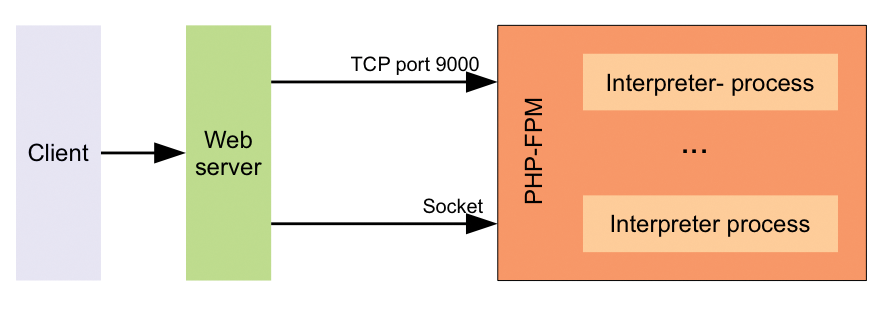 The web server uses either a TCP port or a Unix socket to pass the request to PHP-FPM, which in turn hands it over to a PHP interpreter process. The web server uses either a TCP port or a Unix socket to pass the request to PHP-FPM, which in turn hands it over to a PHP interpreter process.