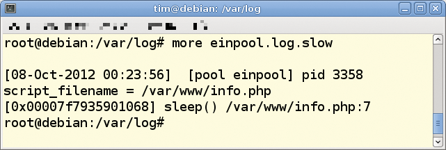 As this slow log reveals, a sleep() statement in info.php is preventing expeditious processing of the request. As this slow log reveals, a sleep() statement in info.php is preventing expeditious processing of the request.