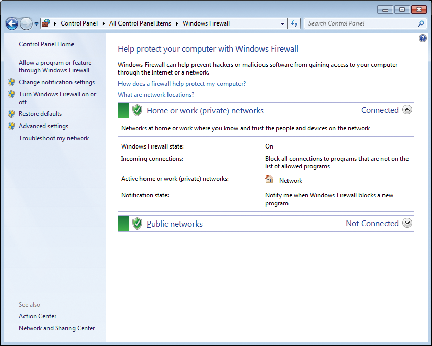 You can define the Windows Firewall configuration individually for each kind of location, such as Home or work (private) networks. You can define the Windows Firewall configuration individually for each kind of location, such as Home or work (private) networks.