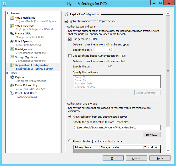Enabling the replica configuration in Hyper-V. Enabling the replica configuration in Hyper-V.