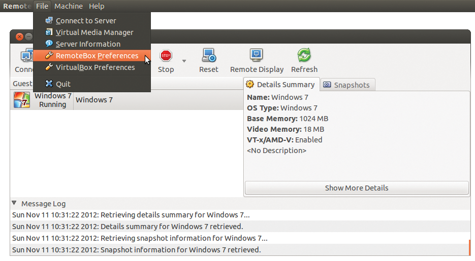 The Gtk GUI in RemoteBox can be started at any time. Clicking on the Connect button opens the connection to the VirtualBox server. The Gtk GUI in RemoteBox can be started at any time. Clicking on the Connect button opens the connection to the VirtualBox server.