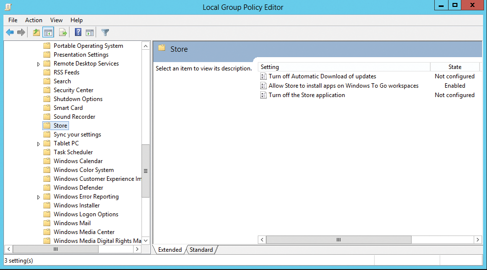 The Group Policy Editor with Windows Store enabled. The Group Policy Editor with Windows Store enabled.