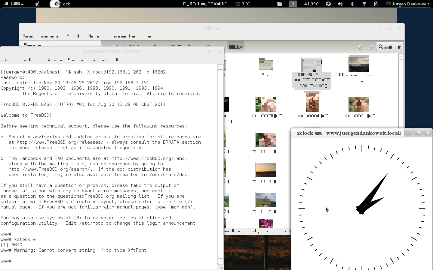 On the right, you can see the X11 application launched in the a jail (xclock) on a Gnome 3 desktop. The left-hand window shows the associated SSH terminal. On the right, you can see the X11 application launched in the a jail (xclock) on a Gnome 3 desktop. The left-hand window shows the associated SSH terminal.