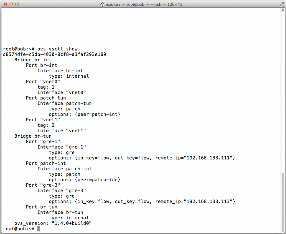 Typing the ovs-vsctl show command shows you what changes Quantum makes to the OpenVSwitch configuration. Typing the ovs-vsctl show command shows you what changes Quantum makes to the OpenVSwitch configuration.