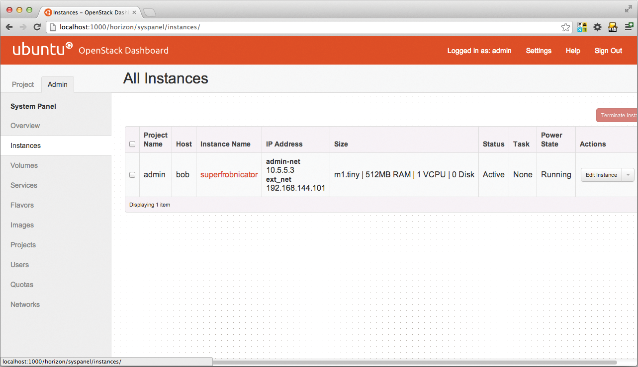 The dashboard displays information on the active virtual machines, such as the IP address assignments and the hardware configuration. The dashboard displays information on the active virtual machines, such as the IP address assignments and the hardware configuration.