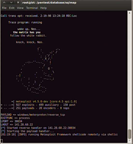 Meterpreter fires a broadside at the server and can install back doors if so desired. Meterpreter fires a broadside at the server and can install back doors if so desired.
