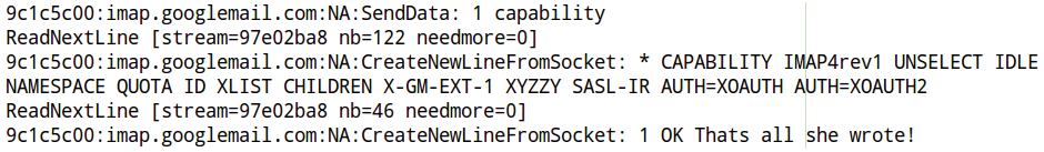 This IMAP 4 server reveals its capabilities, indicating that, among other things, it supports NAMESPACE, as well as IDLE and ID. This IMAP 4 server reveals its capabilities, indicating that, among other things, it supports NAMESPACE, as well as IDLE and ID.