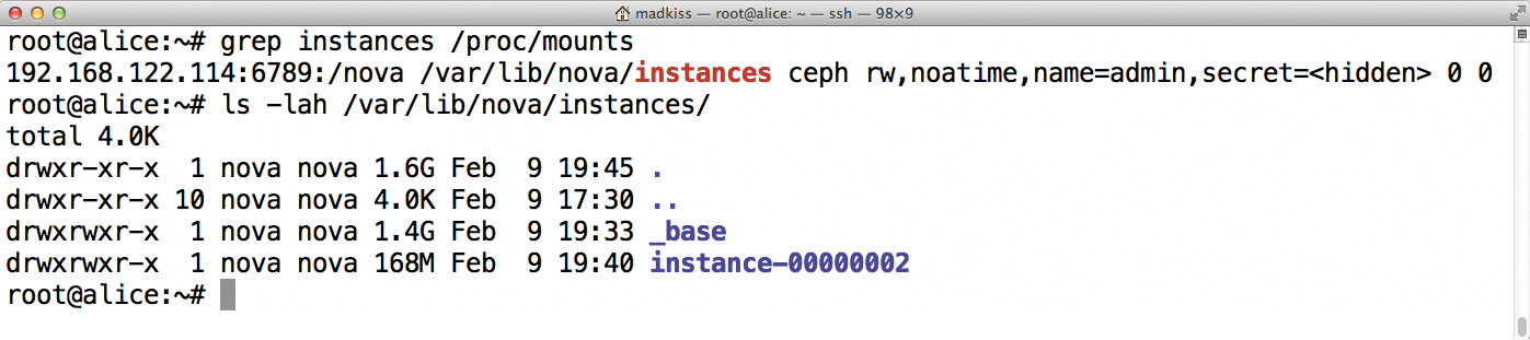 The /var/lib/nova/instances directory is a CephFS mount on all hosts; all the servers thus see the same VM data. The /var/lib/nova/instances directory is a CephFS mount on all hosts; all the servers thus see the same VM data.