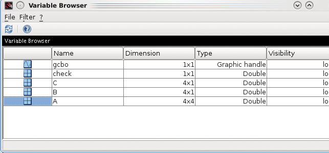 Scilab Variable Browser window. Scilab Variable Browser window.