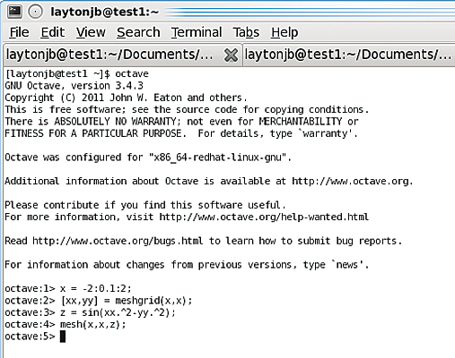 Octave console window for a 3D plot. Octave console window for a 3D plot.