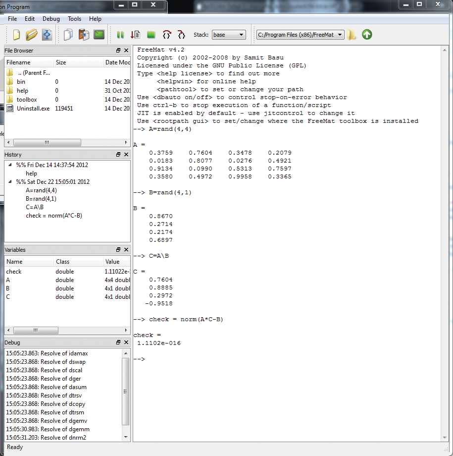 FreeMat console. FreeMat console.