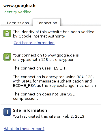 Google.de via HTTPS – the connection uses RC4 with TLSv1.1; Chrome does not support TLSv1.2. Google.de via HTTPS – the connection uses RC4 with TLSv1.1; Chrome does not support TLSv1.2.